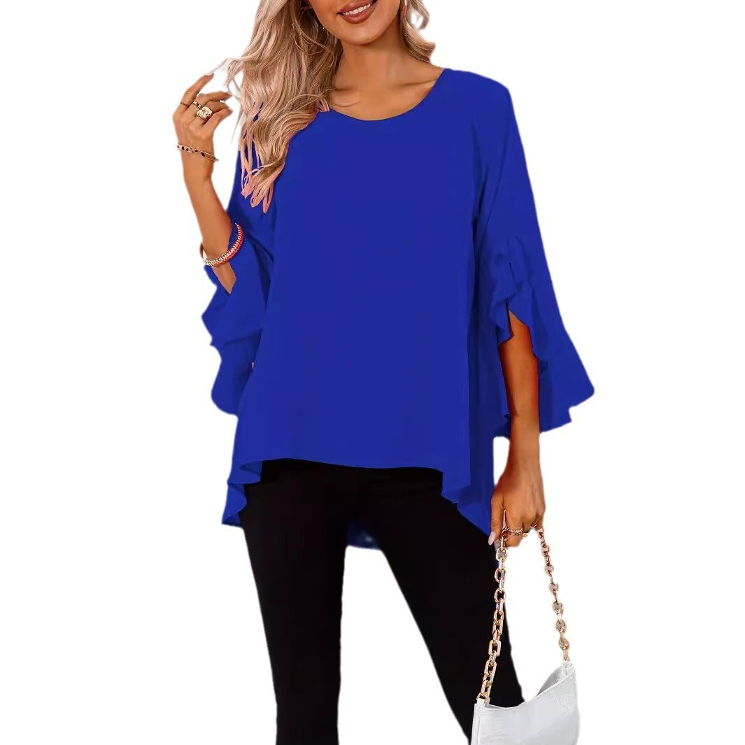 Solid Color Round Neck Shoulder Ruffle Sleeve Irregular Women's Top