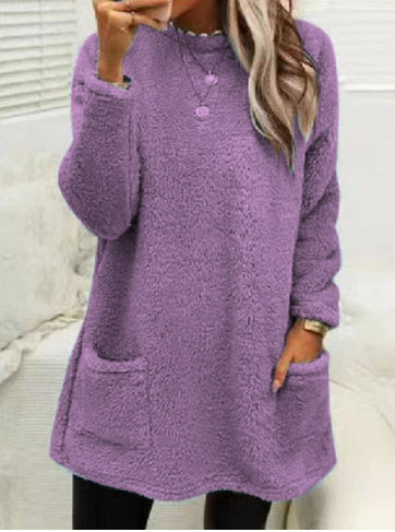 Women's Fleece Pullover Long Sweater With Pockets Winter Warm Casual Long Sleeve Plush Tops