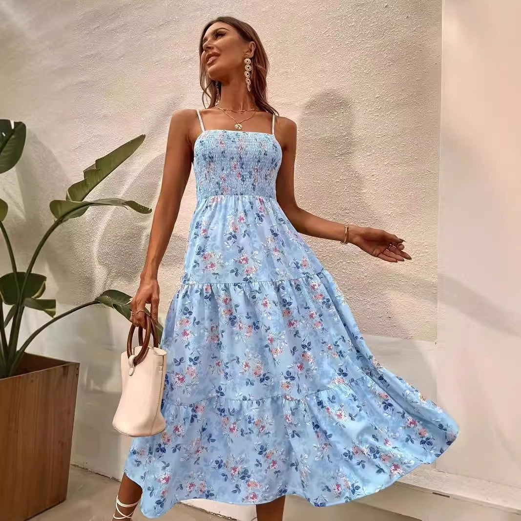 Floral Print Ruffle Hem Ruched Strap Dress – Summer Sleeveless Sundress for Women