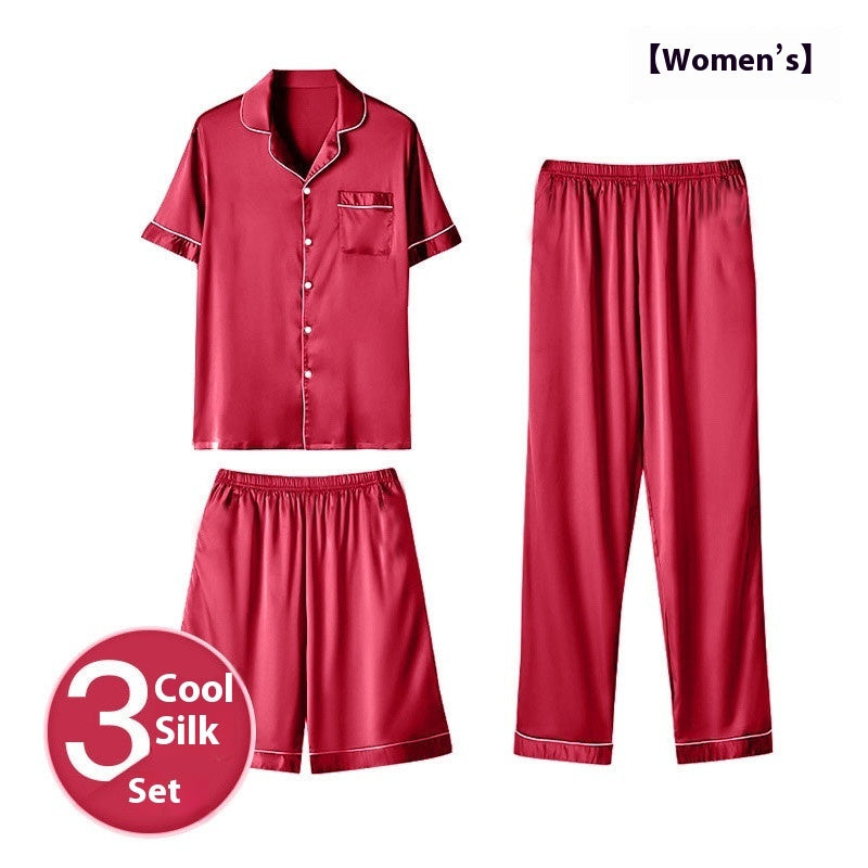 Ice Silk Home Wear Suit Men’s Three-piece Suit - Wine Red 3Pcs Women / 3XL - Hat