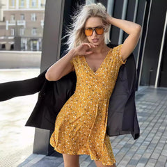 V-neck Short Sleeve Floral Knitted Dress