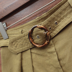 Linen Bamboo Belt Round Buckle High Waist Wide Leg Shorts