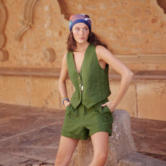 Green Cotton And Linen Vest Shorts Set