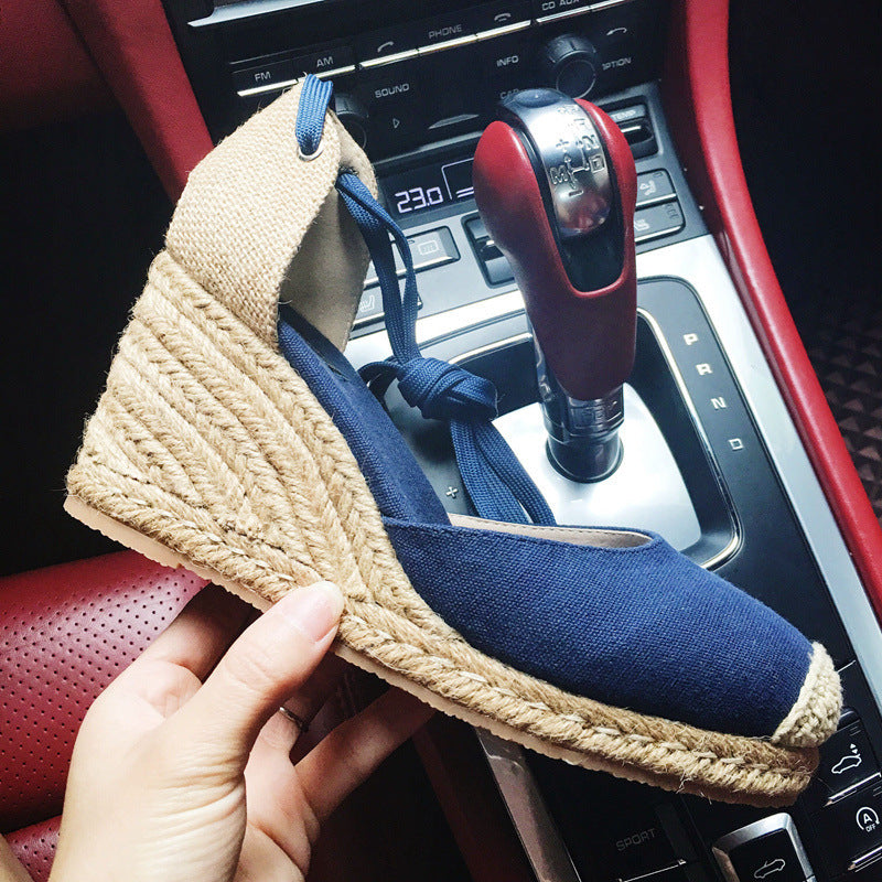 Cord Straw Oxford Wedge Sandals Crossover Strap