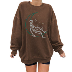 Skull Star Women's Sweater Printed Women's Shoulders Large Size Round Neck Fleece Sweater Women