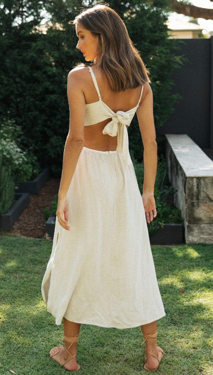 Spring and Summer Women Backless Lace-up Irregular Slit Dress
