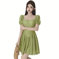 Socialite Style Temperament Square Collar Puff Sleeve Waist-tight Dress