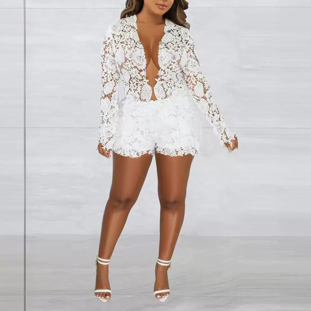 European And American Fashion Hollowed-out Solid Color Shirt Long Sleeve Shorts Two-piece Set