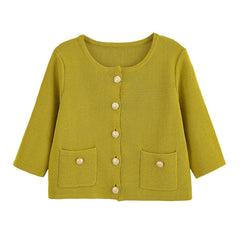 Golden Breasted Long Sleeve Knitted Coat Skirt Suit