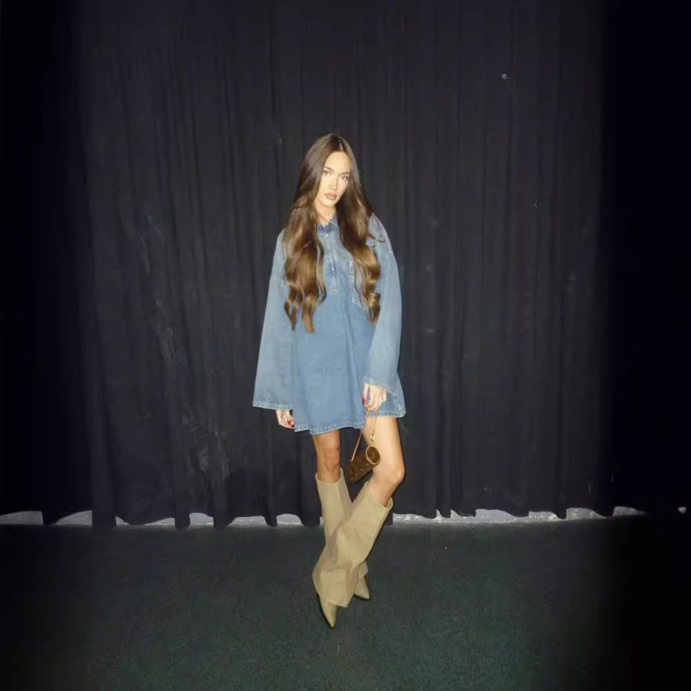 Lapel Patch Pocket Bell Sleeve Denim Dress - Shirt
