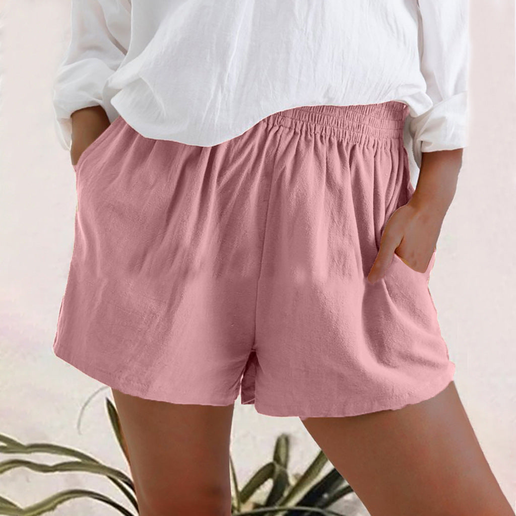 Women's High Waist Solid Color Casual Linen Pocket Straight Shorts