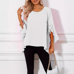 Solid Color Round Neck Shoulder Ruffle Sleeve Irregular Women's Top