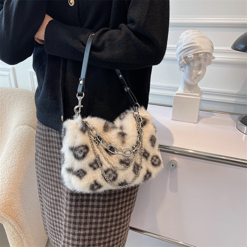 Winter Plush Bags Chain Shoulder Bag Women Flowers Print Handbags - Clothing