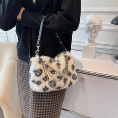 Winter Plush Bags Chain Shoulder Bag Women Flowers Print Handbags - Clothing
