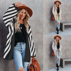 Women's Clothing V-neck Color-block Striped Loose Oversized Cardigan