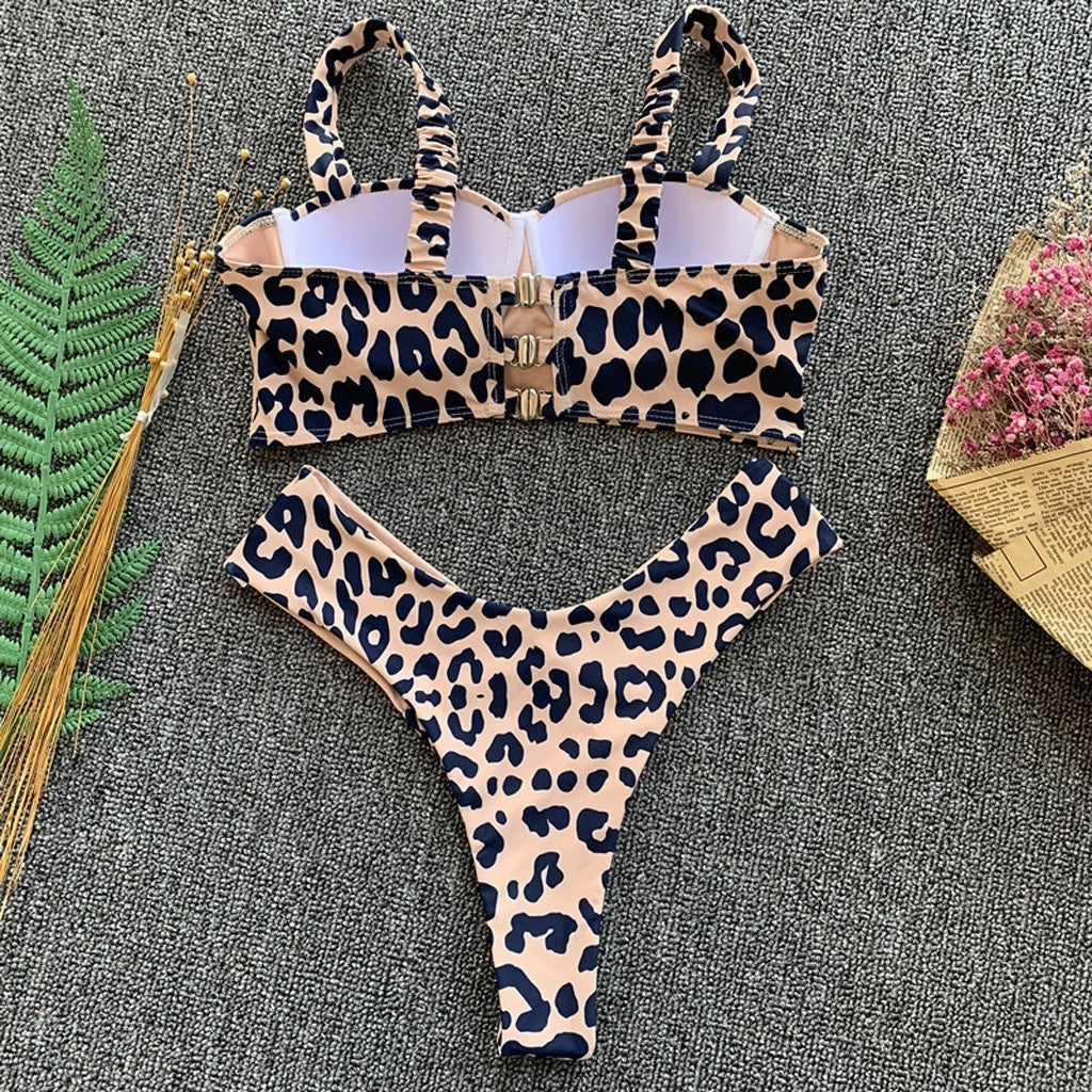 Hollow sexy leopard split swimsuit high waist