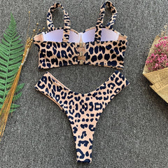 Hollow sexy leopard split swimsuit high waist