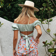 Women V-Neck Puff Sleeve Cropped Top