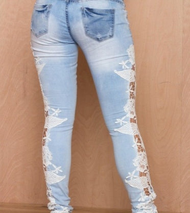 Sexy Stretch Denim Pants with Crochet Lace Detail – Low Rise Skinny Fit