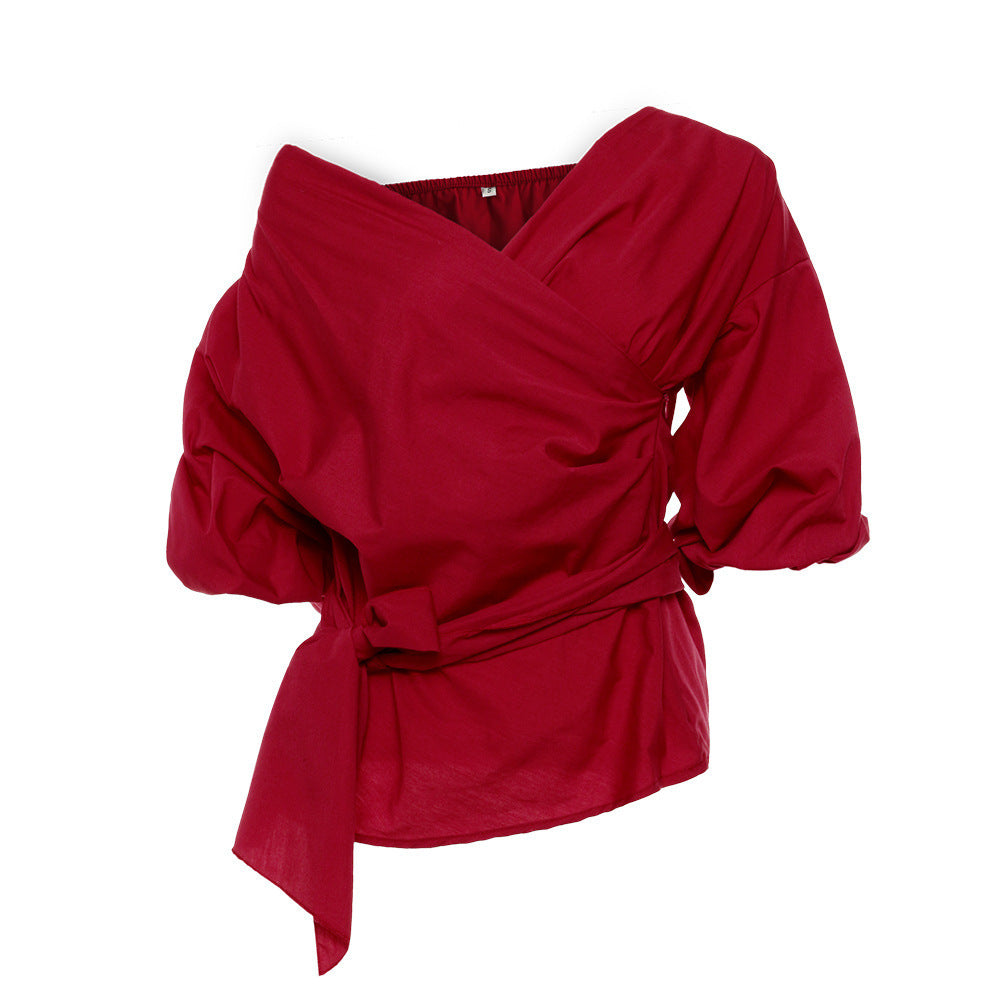 DishyKooker Slim Fit Puff Sleeve Off-Shoulder V-Neck Blouse