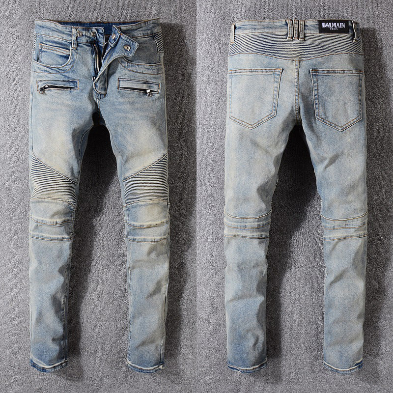 Balmain-Inspired Black Slim Fit Motorcycle Denim for Men