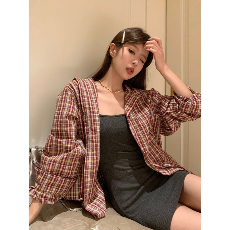 Long Sleeves Outerwear Sun Protection Cardigan - Plaid / Free Size - Hat