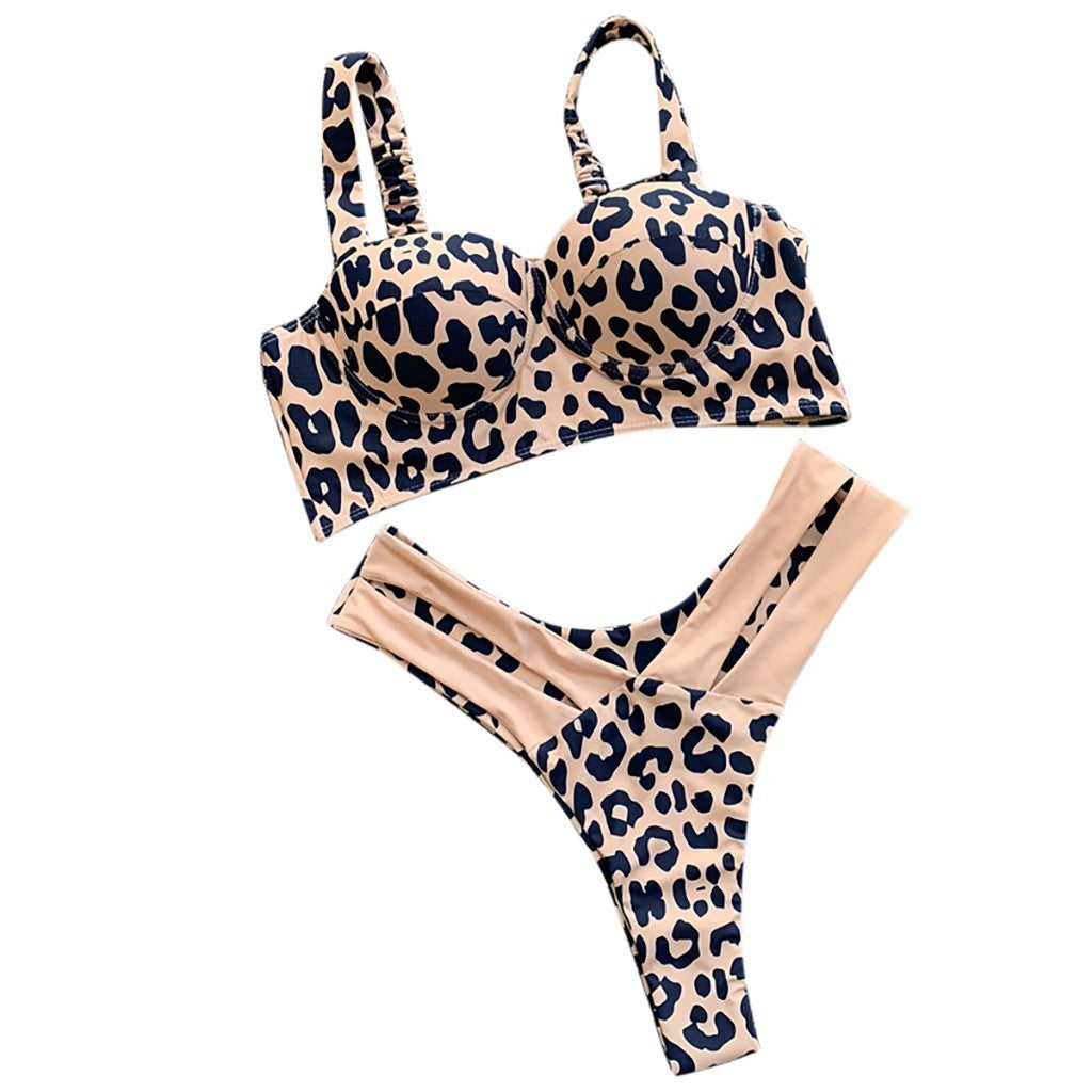 Hollow sexy leopard split swimsuit high waist