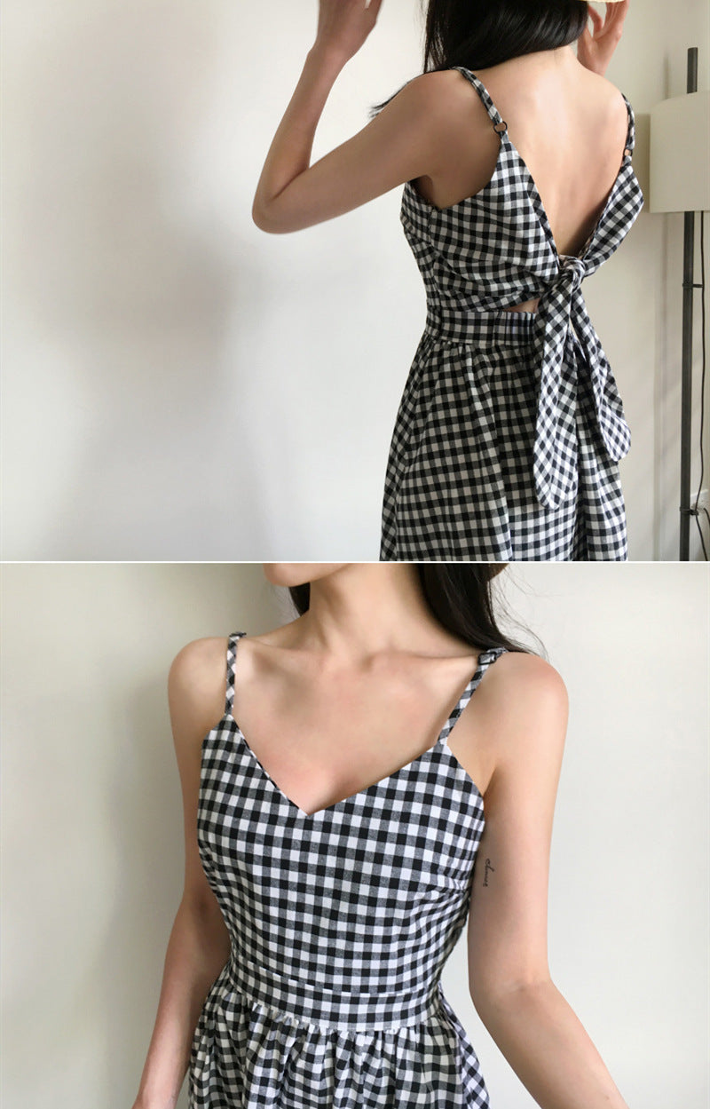 Women's Black and White Checkered Strapless Dress – Summer Slim-Fit A-Line Suspender Maxi Dress