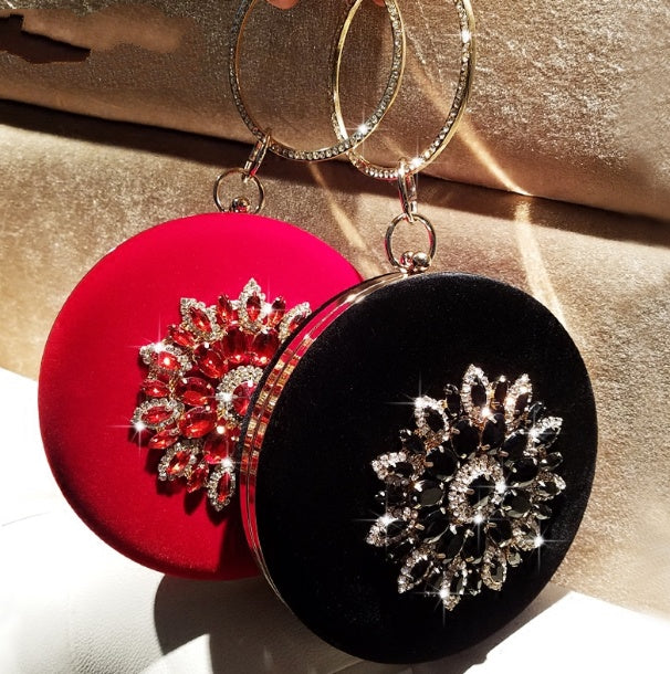 LOLIBOX Women Bags Women Evening Clutch Bags Velvet Diamond Ring Handbags Small Round Clutch Bag Day Party Clutches