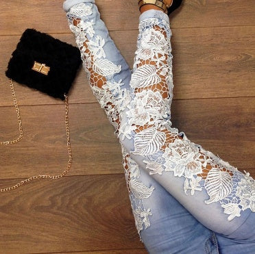 Sexy Stretch Denim Pants with Crochet Lace Detail – Low Rise Skinny Fit