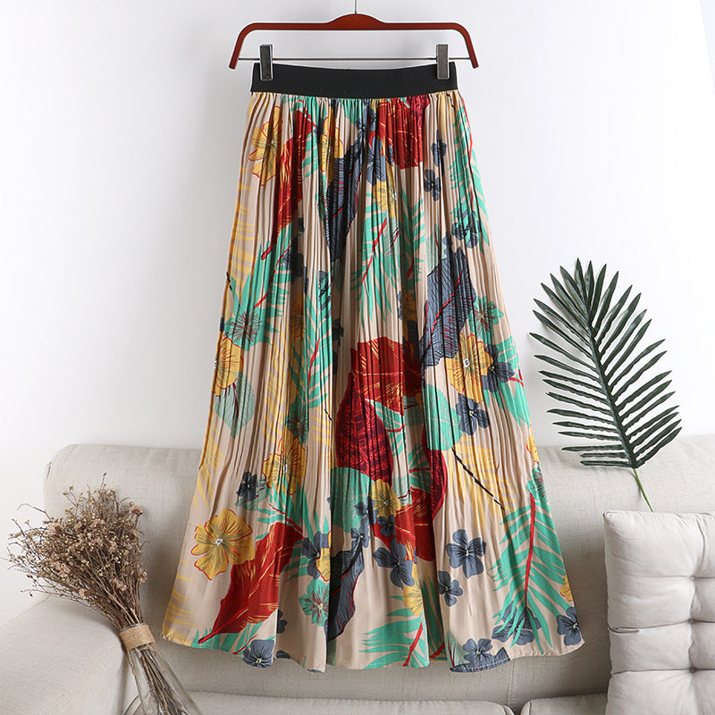 Floral Floral Skirt Female High Waist Slimming A-line Chiffon Printed Pleated Skirt Mid-length