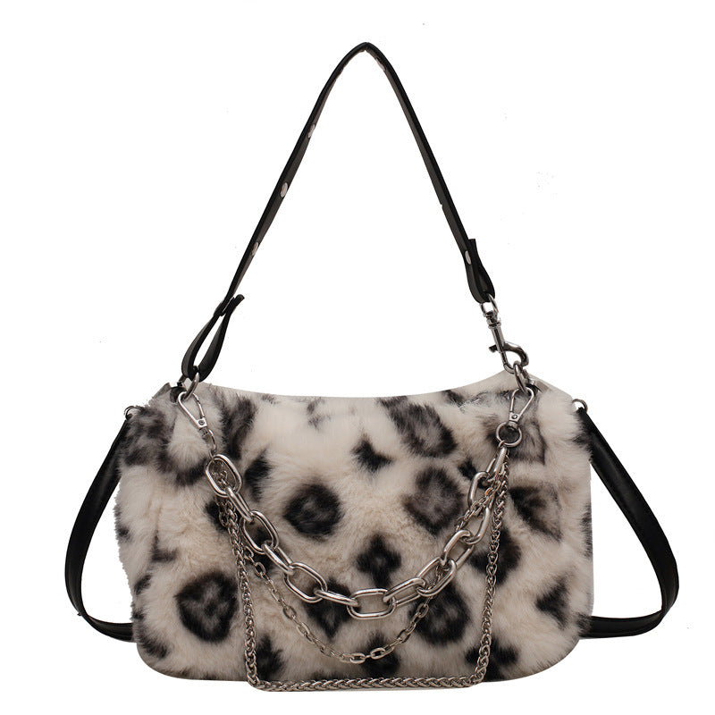 Winter Plush Bags Chain Shoulder Bag Women Flowers Print Handbags - Clothing