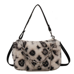 Winter Plush Bags Chain Shoulder Bag Women Flowers Print Handbags - Clothing