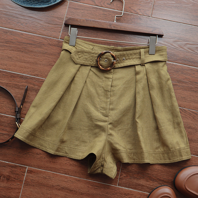 Linen Bamboo Belt Round Buckle High Waist Wide Leg Shorts