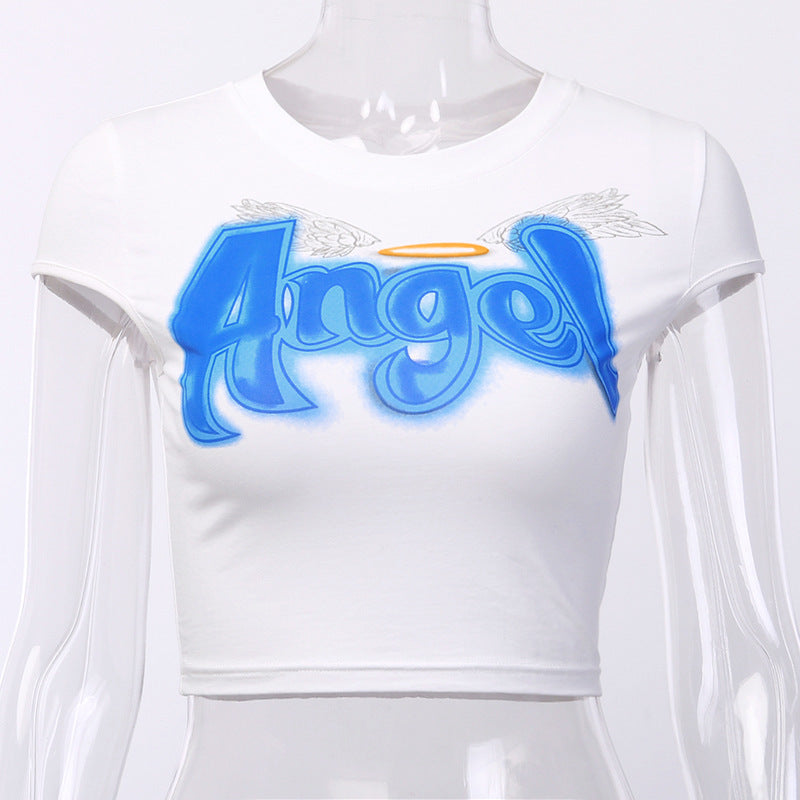 Cute Angel Graphic Crop Top – Short Sleeve, Round Neck