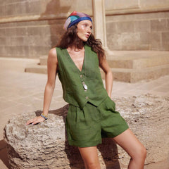 Green Cotton And Linen Vest Shorts Set