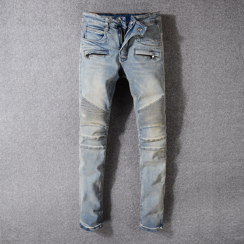 Balmain-Inspired Black Slim Fit Motorcycle Denim for Men