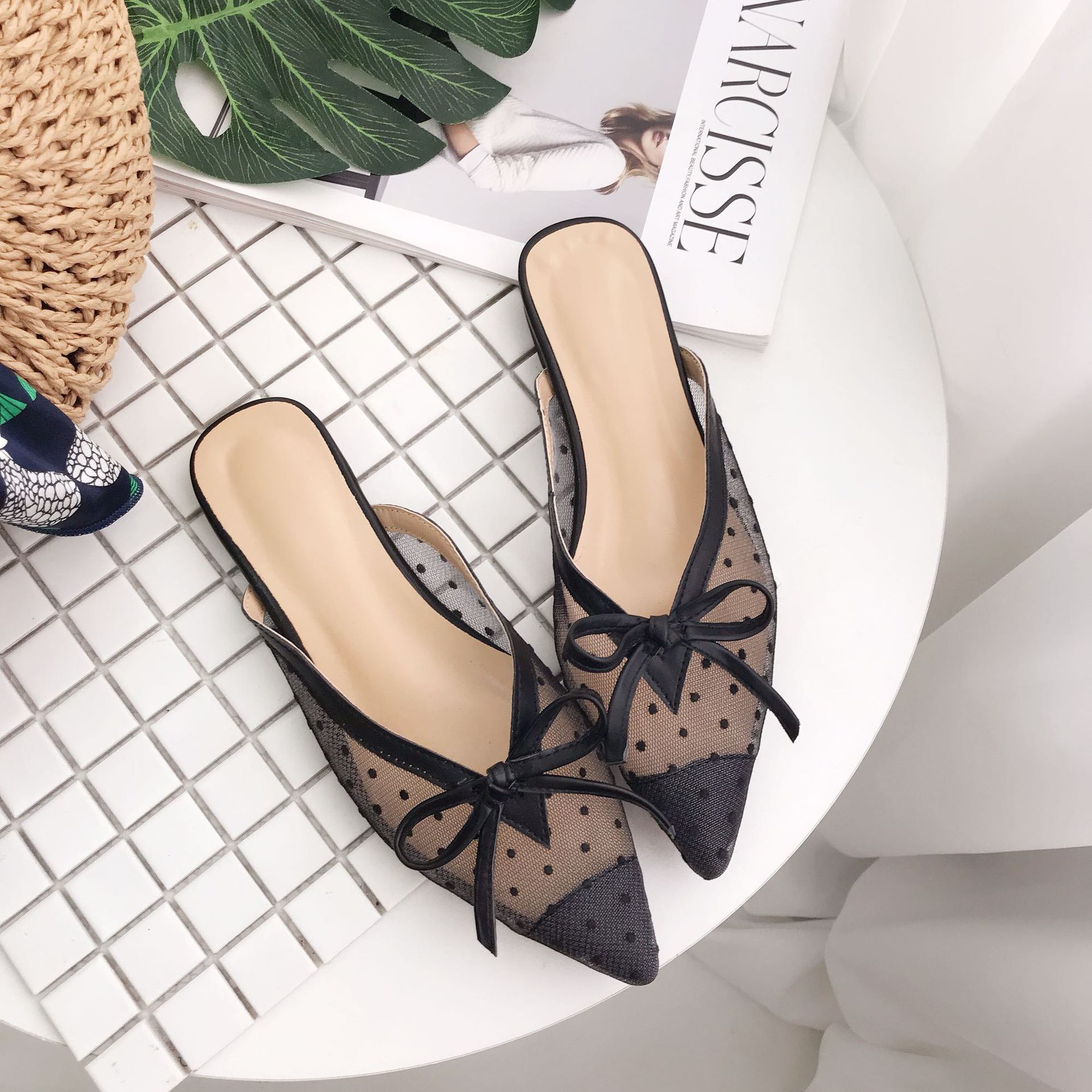new lace screen gauze point pointed flat sandals women's shoes