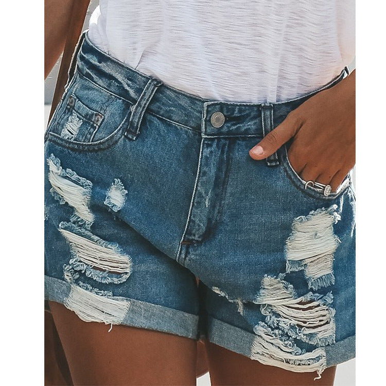 Women's Summer Street Style Denim Shorts – Sexy All-Match Straight Fit with Distressed Hole Design