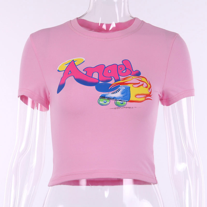Cute Angel Graphic Crop Top – Short Sleeve, Round Neck