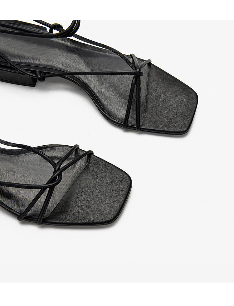 Strappy square toe low heel sandals