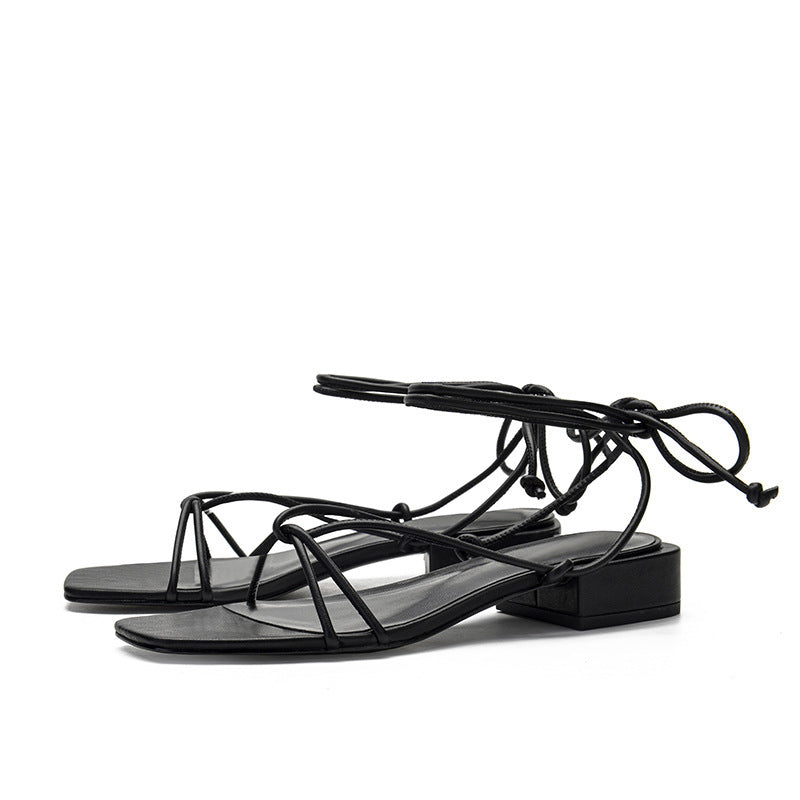 Strappy square toe low heel sandals