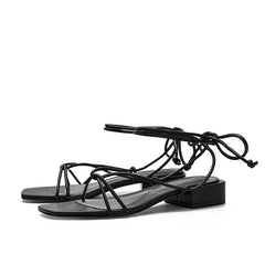 Strappy square toe low heel sandals