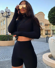Zipper short long sleeve sweater Short Pants Set