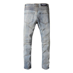 Balmain-Inspired Black Slim Fit Motorcycle Denim for Men