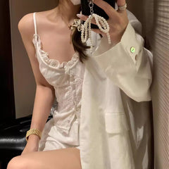 Lace Strap Stitching Solid Color Slim Single-breasted Versatile Holiday Pure Desire Summer New
