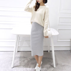 Women's Autumn Winter Bodycon Knit Skirt – Stretchable Mid-Calf Slim Pencil Skirt with Side Split