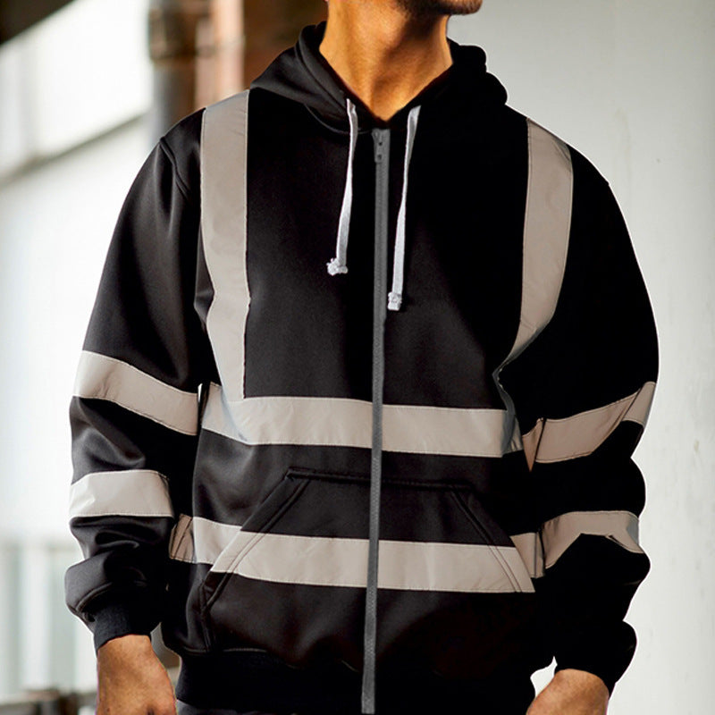 Reflective Strip Sanitation Work Clothes Fleece Color Block Zipper Sweater