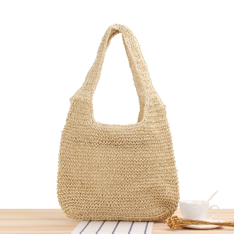 Leisure One Shoulder Straw Woven Bag - Beige - Clothing