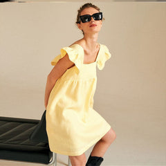 Casual Dress Women Yellow Skirt Loose Casual Ruffled Flying Sleeve Dress Chiffon Skirt